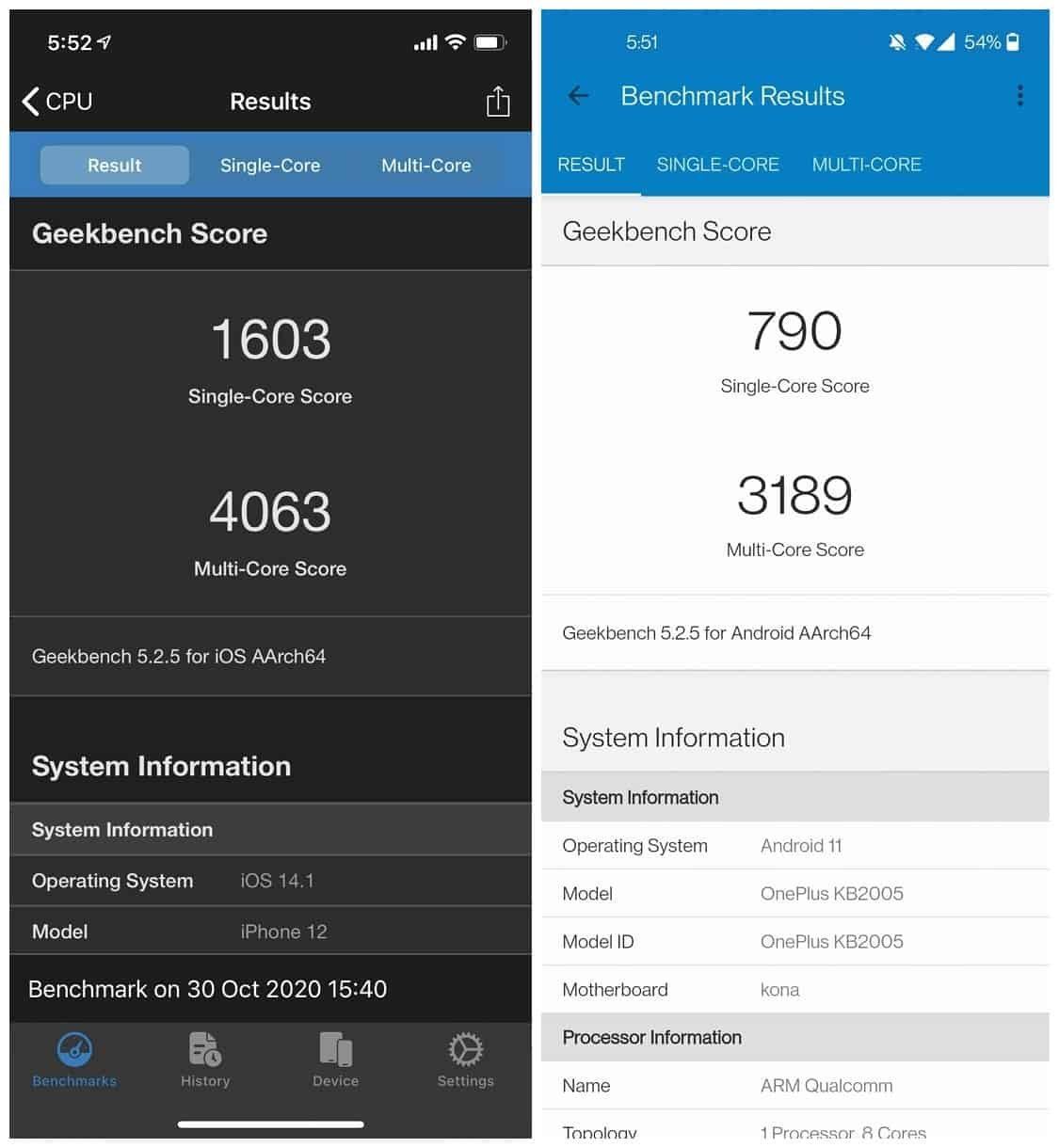 iPhone 12 vs OnePlus 8T Geekbench