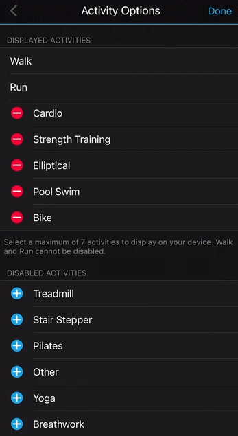 Garmin Lily Activity option