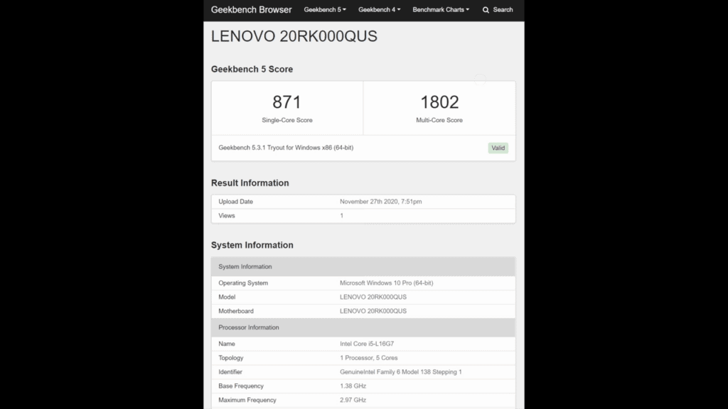 Lenovo ThinkPad X1 Fold Geekbench 5