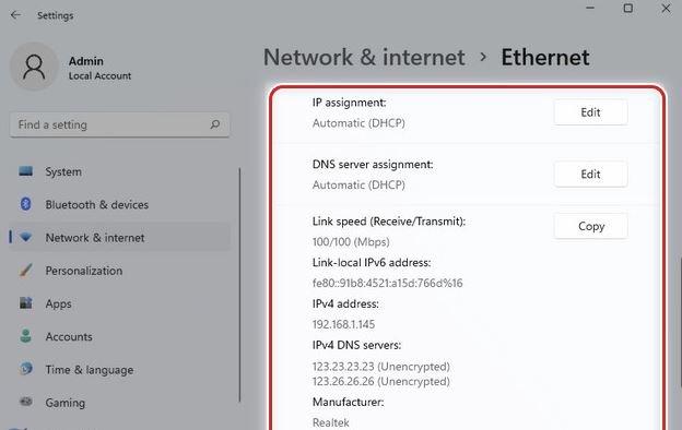 After setting up a static IP on Windows 11 all information will be displayed as follows