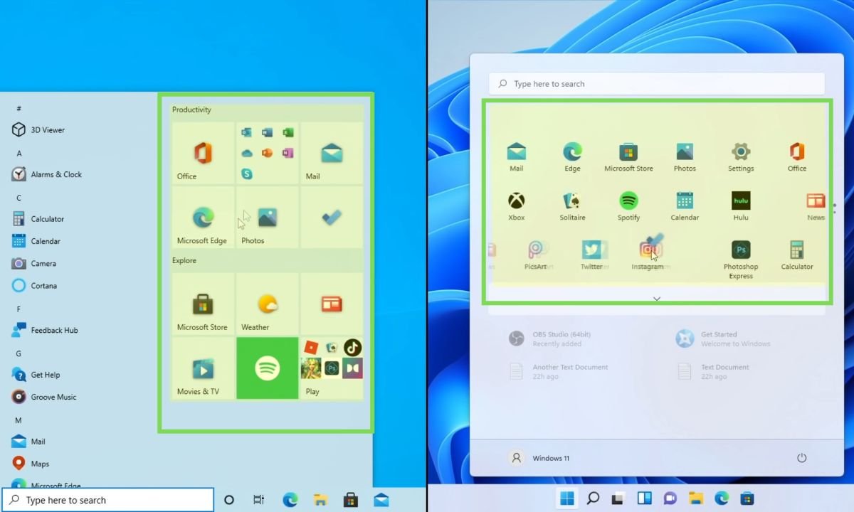 Pinned apps were located on the right side, while in Windows 11, they are moved to the top half